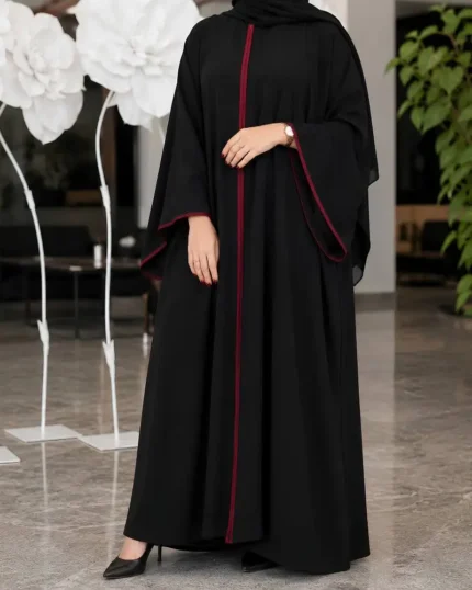 Elegant Black Abaya with Red Piping